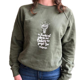 Jumper: OLIVE, long sleeved, unisex jumper with RADICAL IDEA slogan