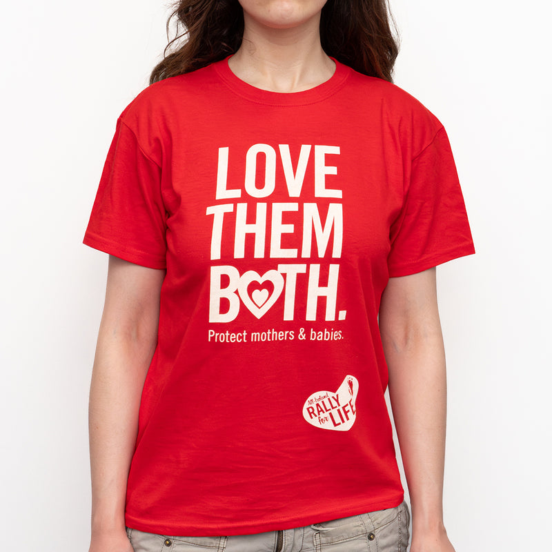 T-Shirt: RED, short sleeved, unisex t-shirt with Love Them Both slogan