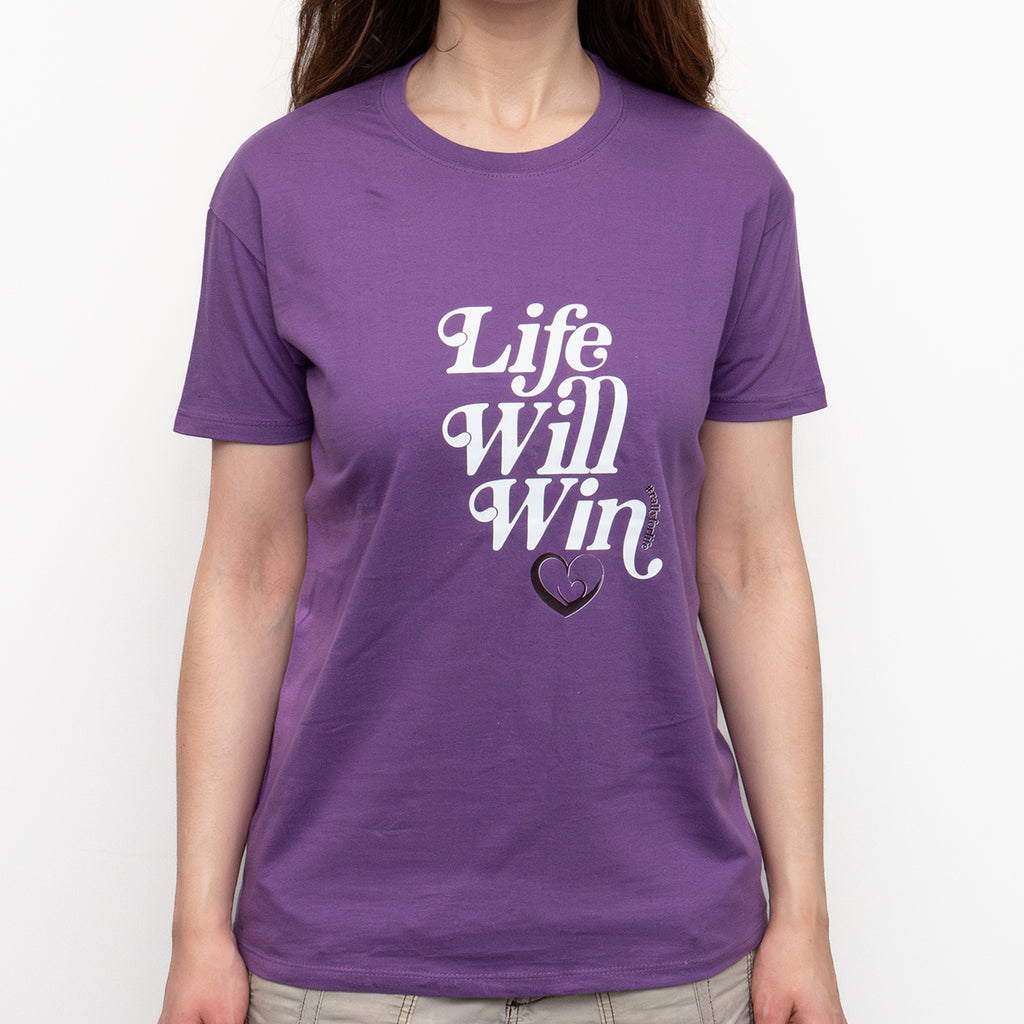 T-Shirt: PURPLE, short sleeved, unisex t-shirt with LIFE WILL WIN slogan