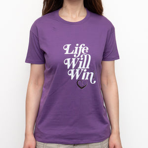 T-Shirt: PURPLE, short sleeved, unisex t-shirt with LIFE WILL WIN slogan
