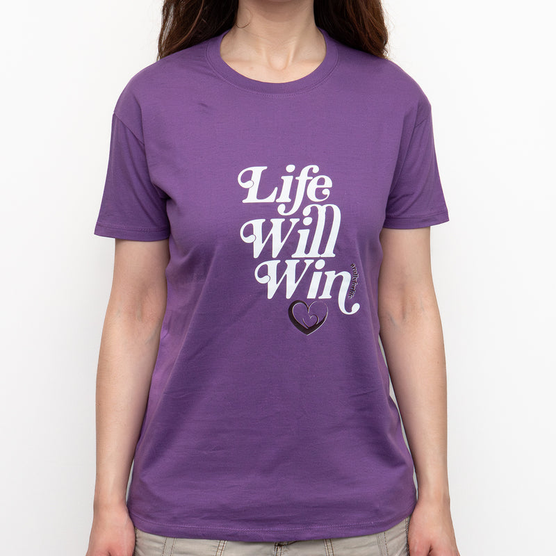 T-Shirt: PURPLE, short sleeved, unisex t-shirt with LIFE WILL WIN slogan