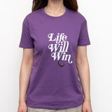T-Shirt: PURPLE, short sleeved, unisex t-shirt with LIFE WILL WIN slogan