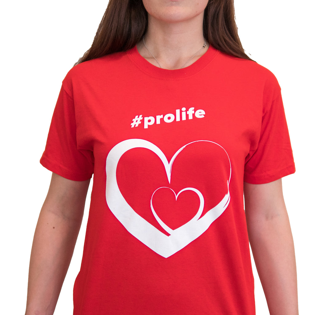 T-Shirt: RED, short sleeved, unisex t-shirt with Pro Life and Rally