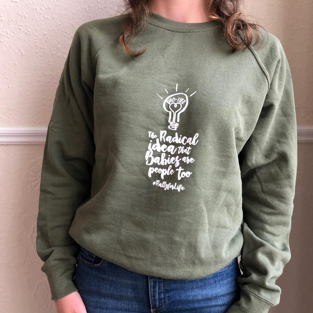 Jumper: OLIVE, long sleeved, unisex jumper with RADICAL IDEA slogan