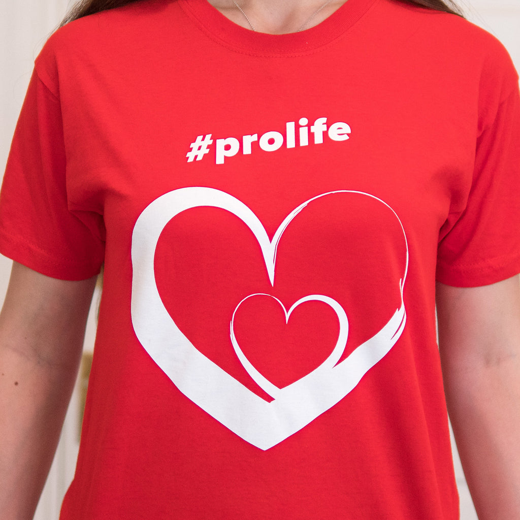 T-Shirt: RED, short sleeved, unisex t-shirt with Pro Life and Rally