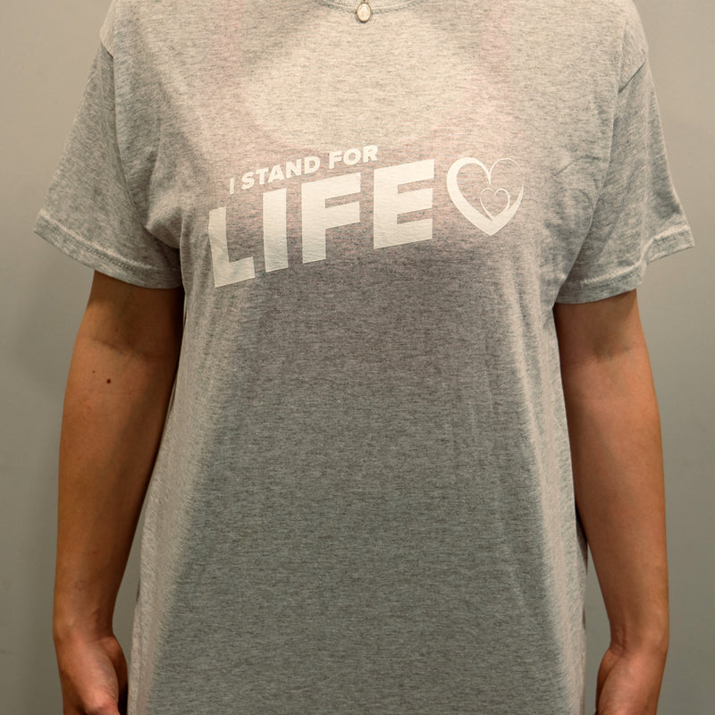 T-Shirt: GREY, short sleeved, unisex t-shirt with I Stand for Life Logo