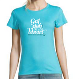 T-Shirt: BLUE, short sleeved, Ladies t-shirt with GRÁ DON BHEIRT slogan