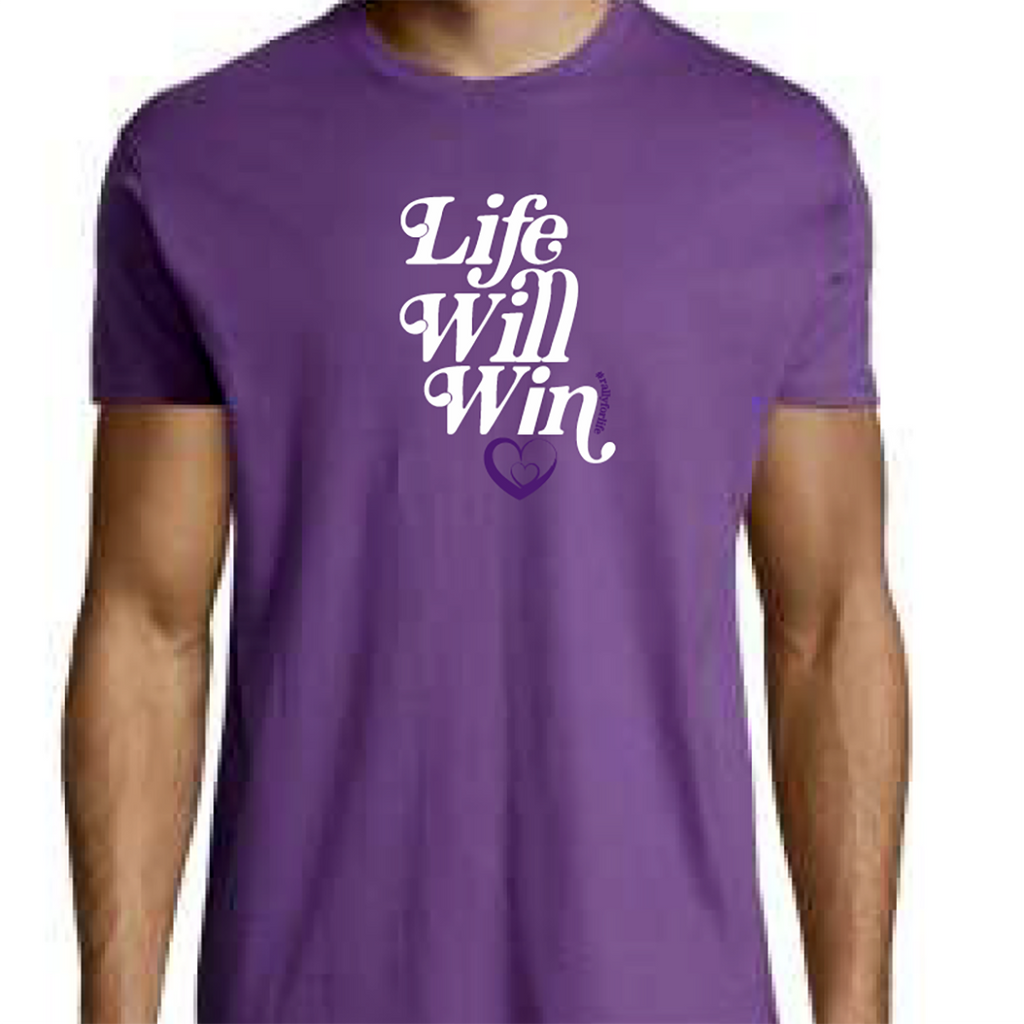 T-Shirt: PURPLE, short sleeved, unisex t-shirt with LIFE WILL WIN slogan