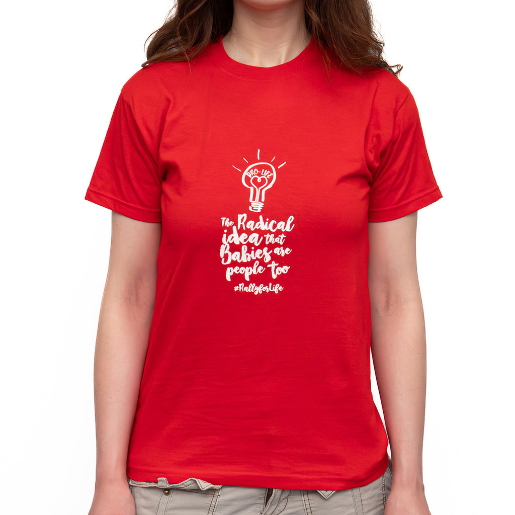 T-Shirt: RED, short sleeved, unisex t-shirt: RADICAL IDEA slogan