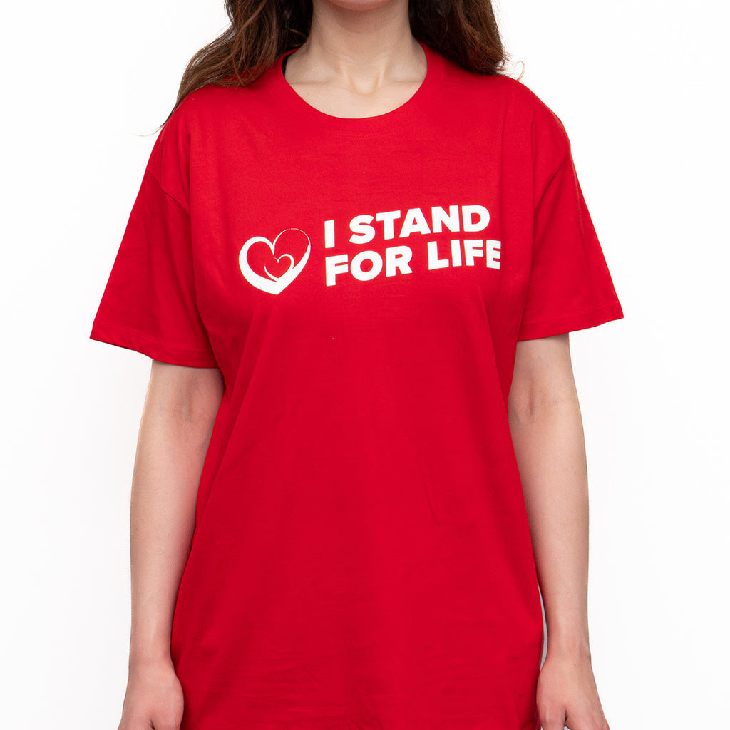 T-Shirt: RED, short sleeved, unisex t-shirt, I STAND FOR LIFE Slogan and RALLY heart