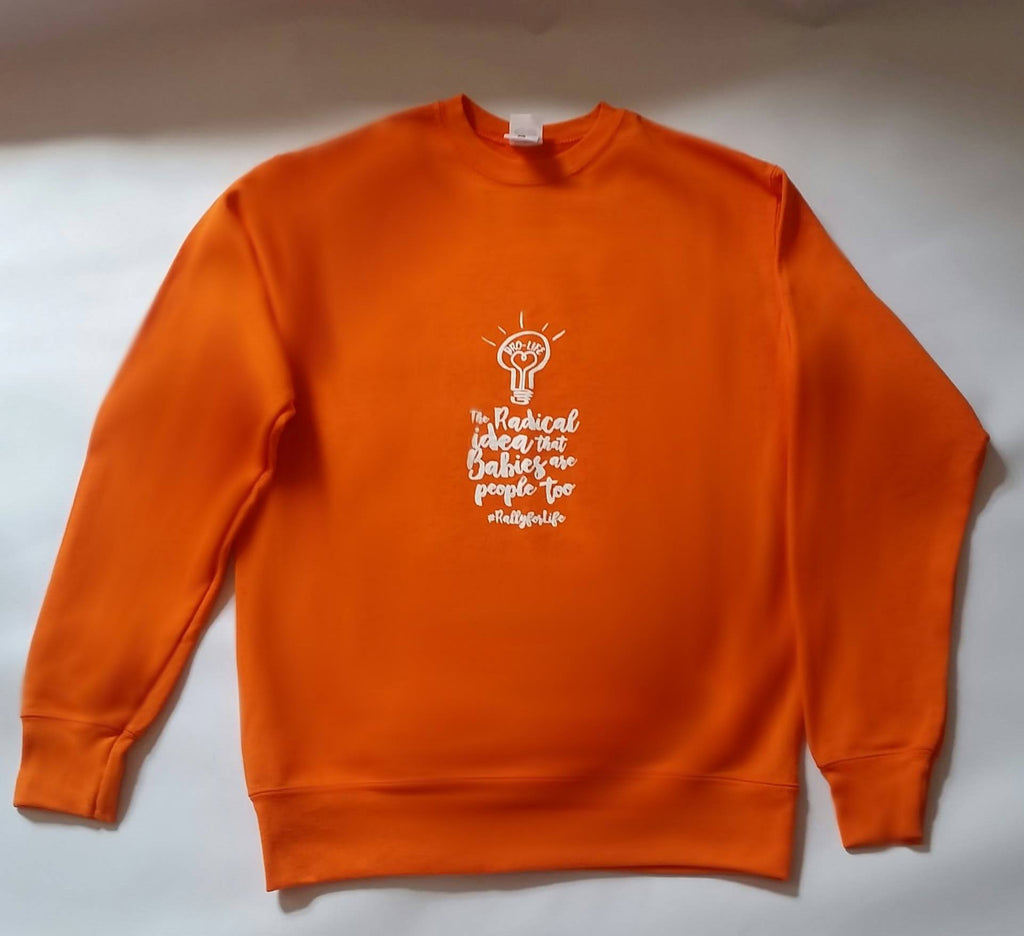 Jumper: Orange, long sleeved, unisex jumper with Radical idea slogan
