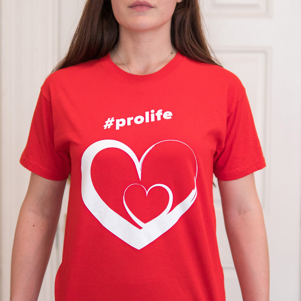 T-Shirt: RED, short sleeved, unisex t-shirt with Pro Life and Rally